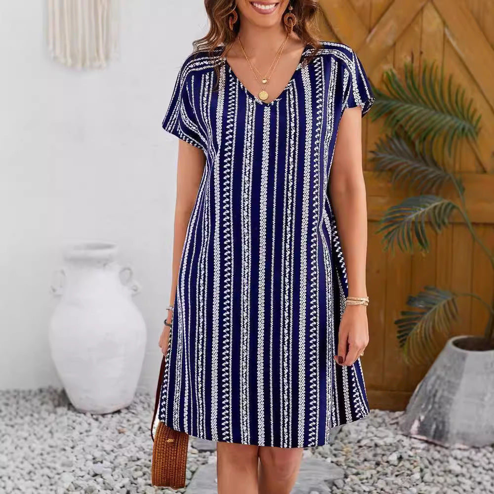 Elegant Striped Print Loose V-neck Dress