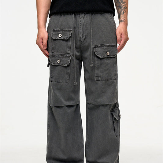 High Street Retro Washed Distressed Multi-pocket VIBE Straight Cargo Pants