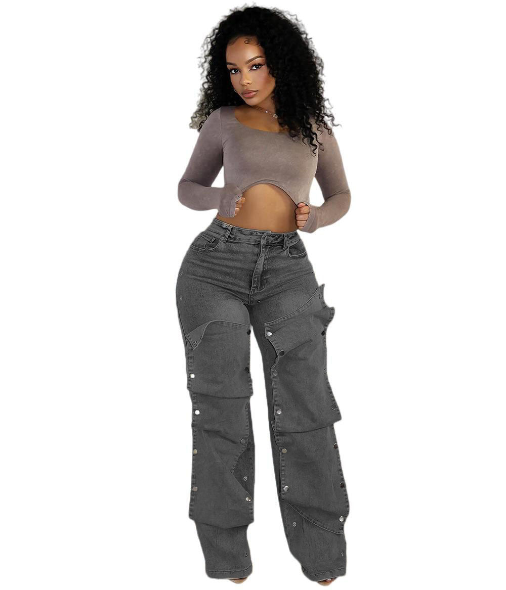 Women's Button High Waist Straight Jeans