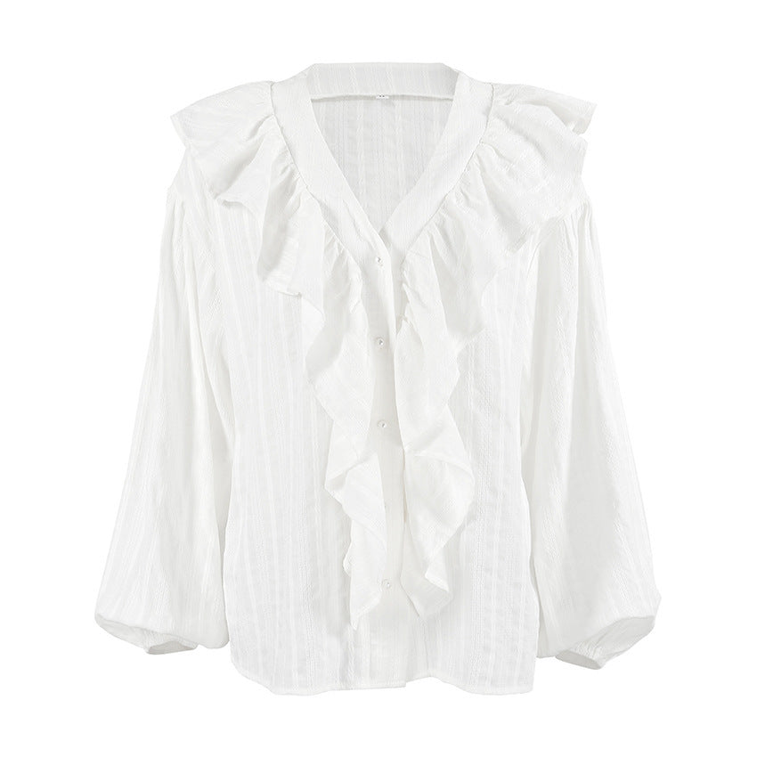 Jacquard Ruffled Long Sleeve Shirt