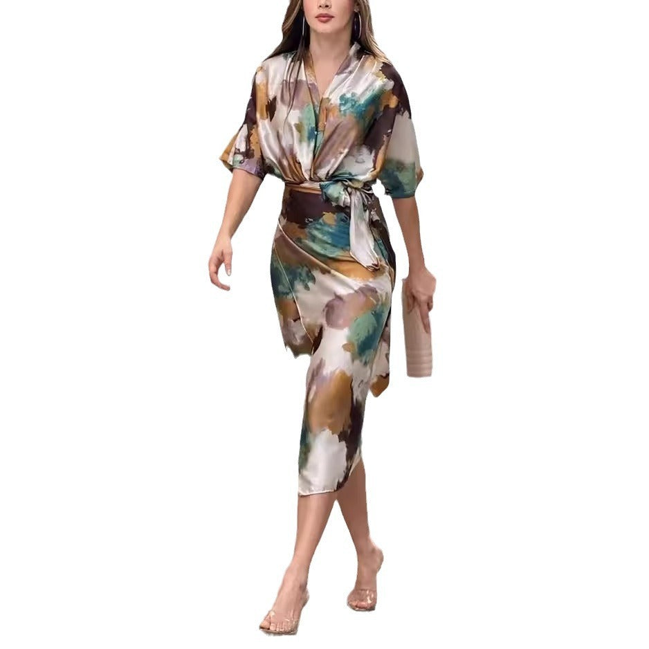 Summer New Fashion Hot Sale V-neck Printed Waist Dress