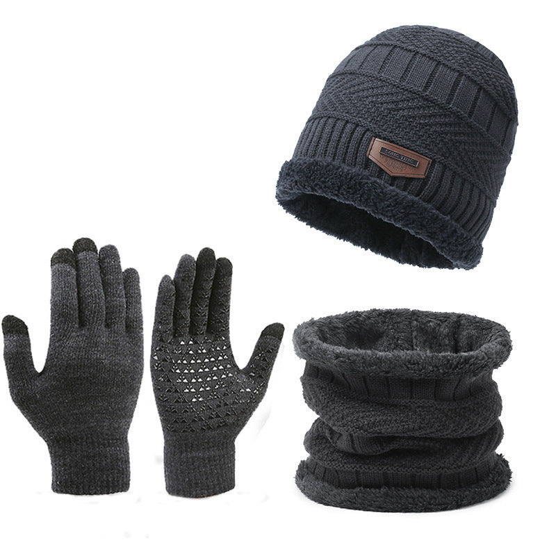 Men's Winter Scarf Gloves Three-piece Set Fleece-lined Warm Knitted Hat