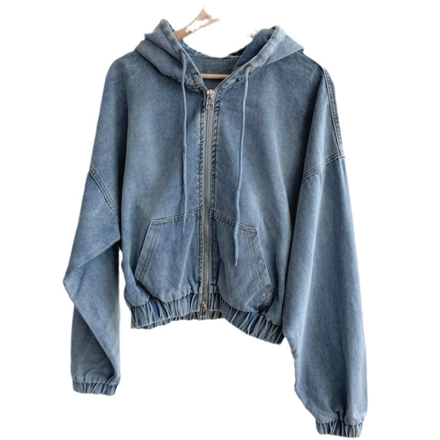 Casual Cool Girl Retro Hooded Drawstring Windproof Denim Jacket Coat