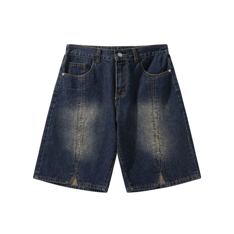 American-style Retro Washed Split Design Denim Shorts For Men