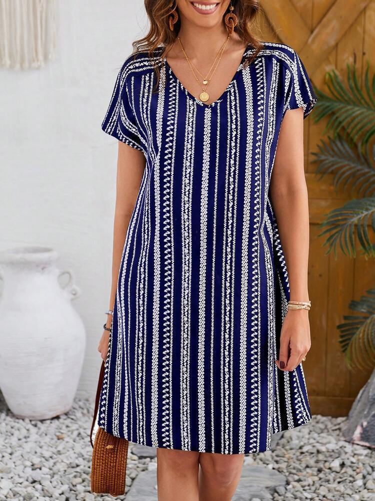 Elegant Striped Print Loose V-neck Dress