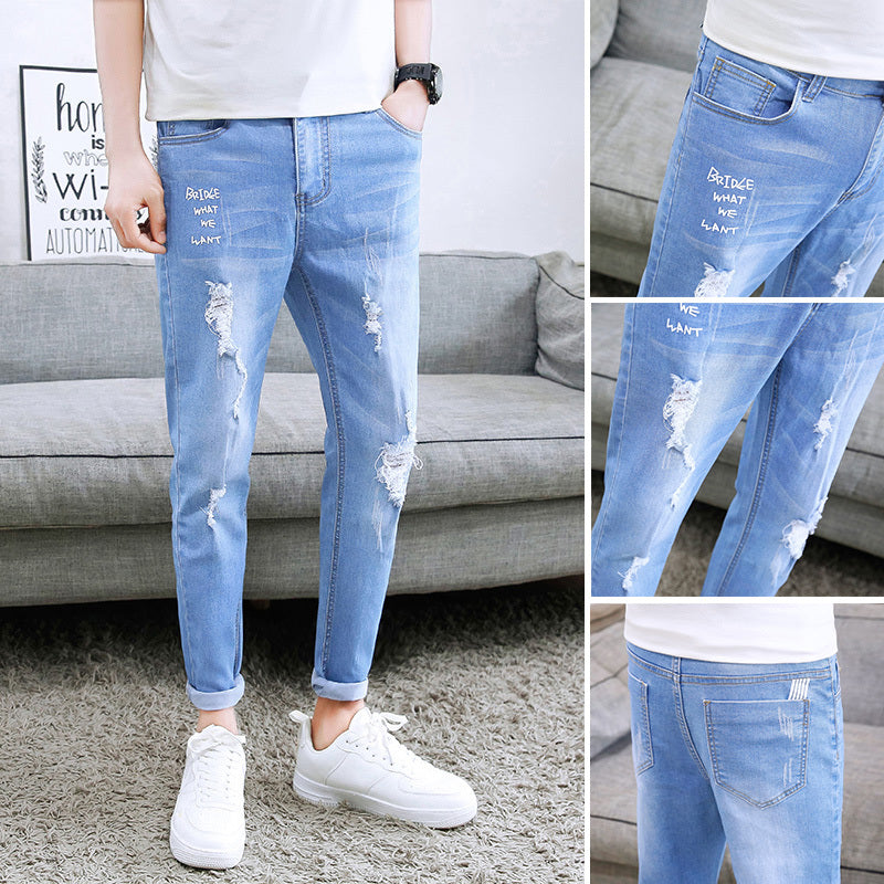 Autumn black ripped ankle jeans men