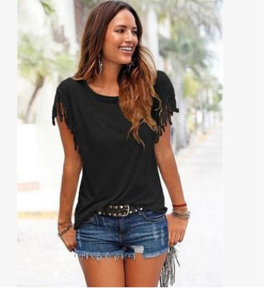 Wish quick sale eBay ladies Europe and America big size round neck short sleeve cuffs tassel T-shirt cotton tops