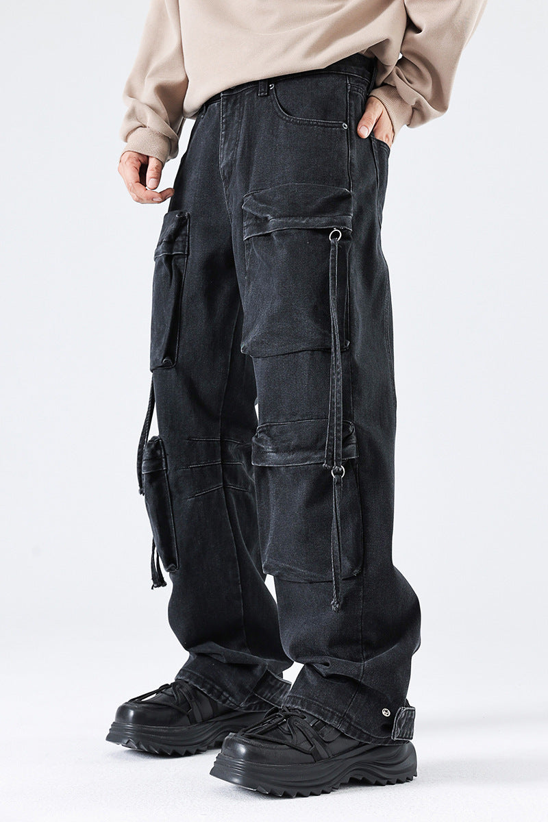 Workwear Multi-pocket Straight-leg Pants Black Design Wide-leg Trousers