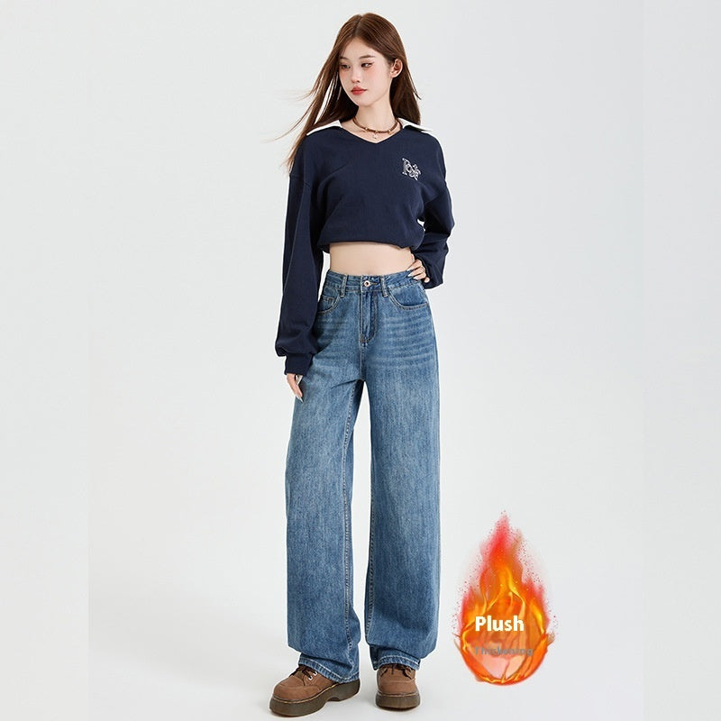 Vintage Blue High Waist Velvet Padded Straight Jeans