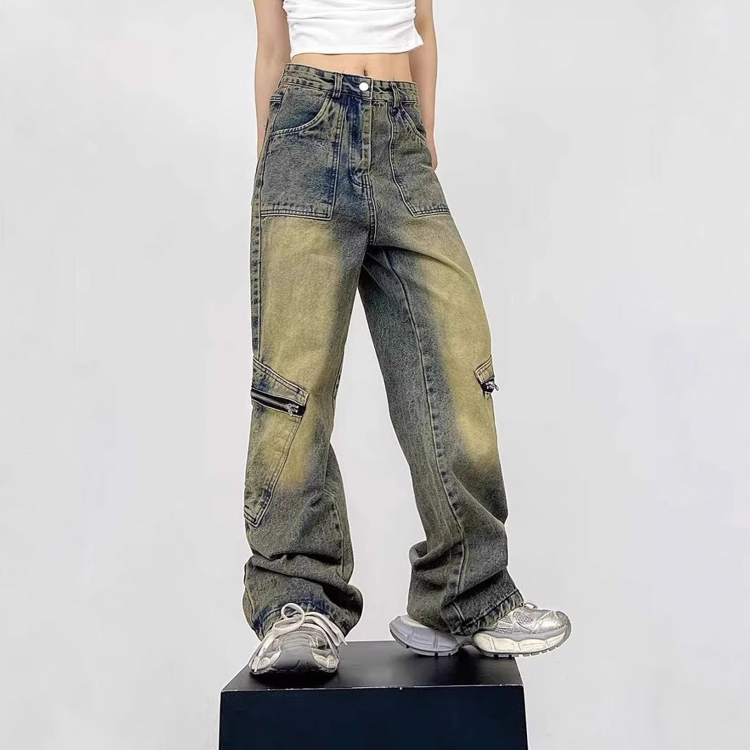 High Street Yellow Mud Dyed Denim Trousers Trendy Retro