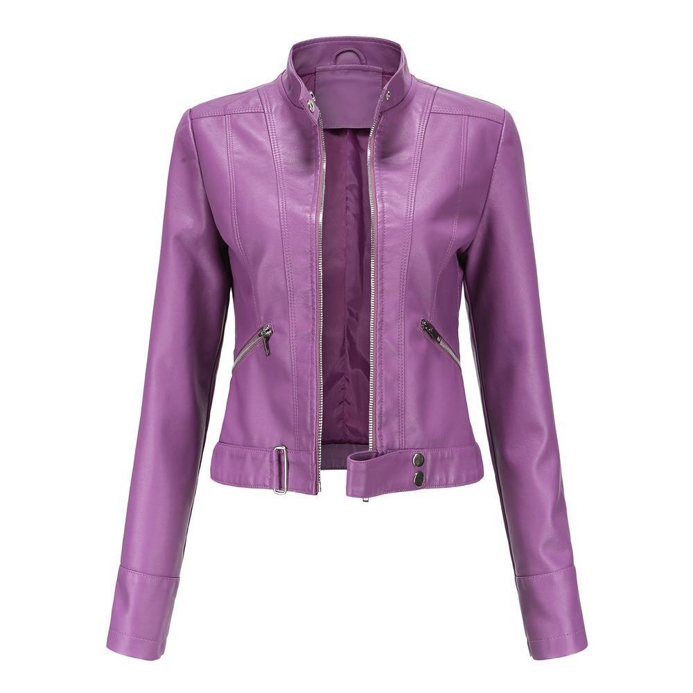 Women's Short Leather Jacket Stand Collar Jacket Thin