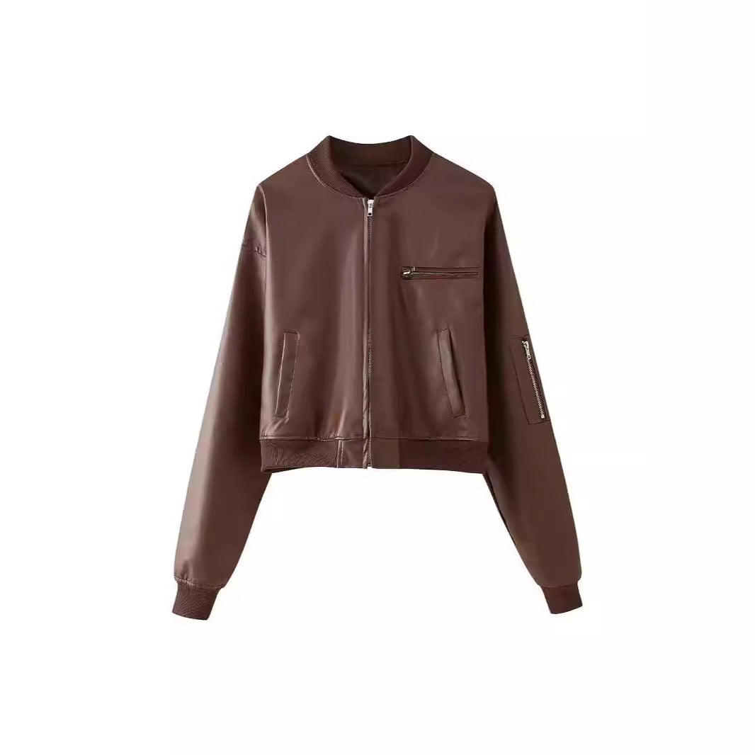 Short Jacket Fried Street Leather Clothing With Stand Collar Coat