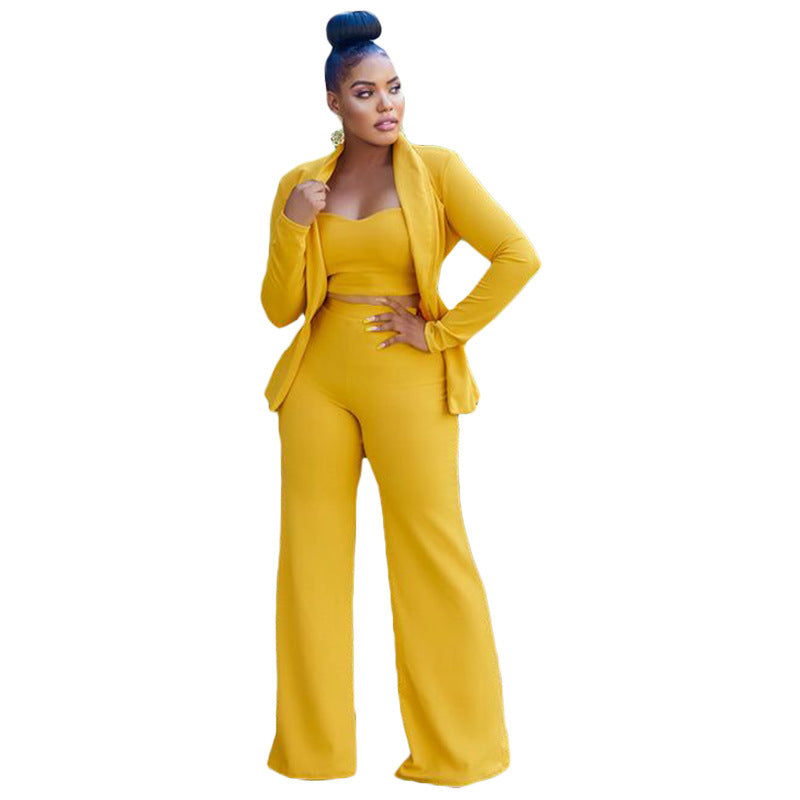 Suit Jacket Vest Wide Leg Pants Three Piece Set