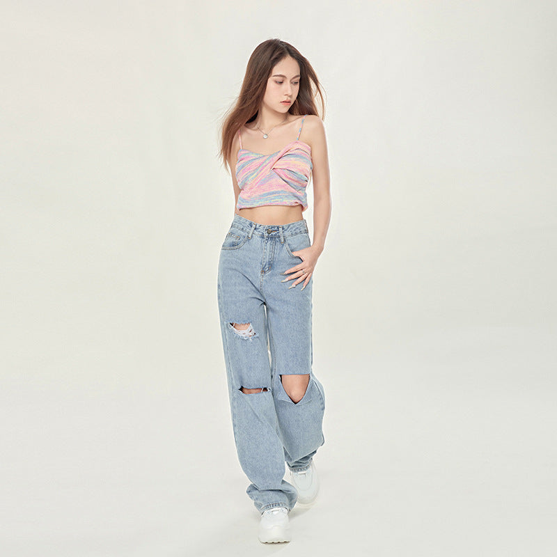 Women's High Waist Light Blue Ripped Wide-legged Jeans