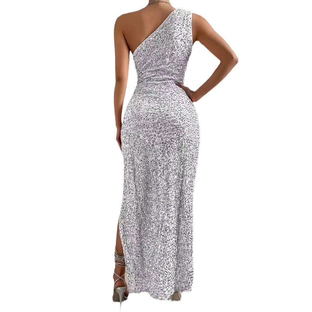 Sexy Sequined Shoulder Sleeping Beauty Split Solid Color Dress