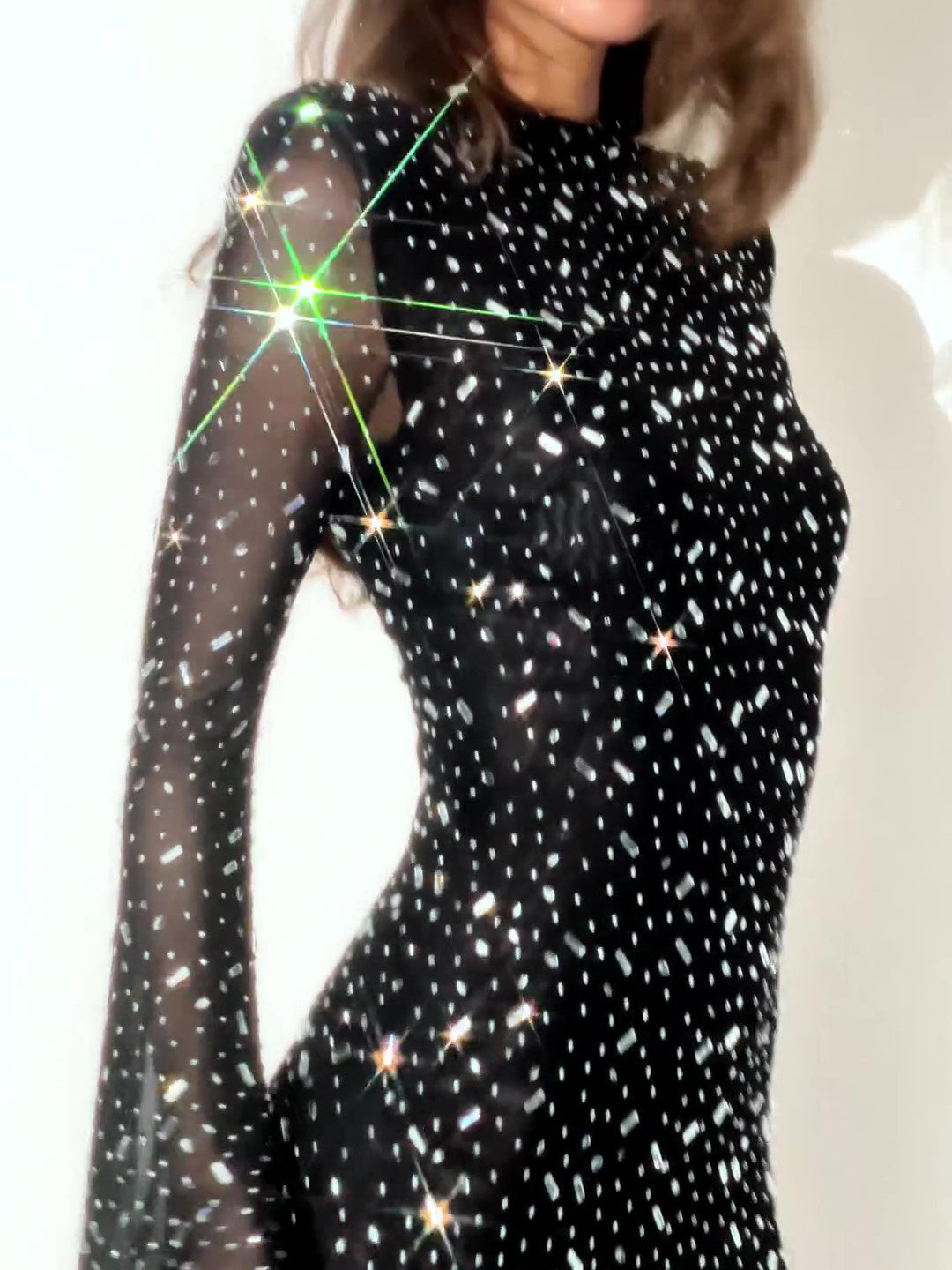 Black Long Sleeve Slim Fit Sparkling Rhinestone Dress