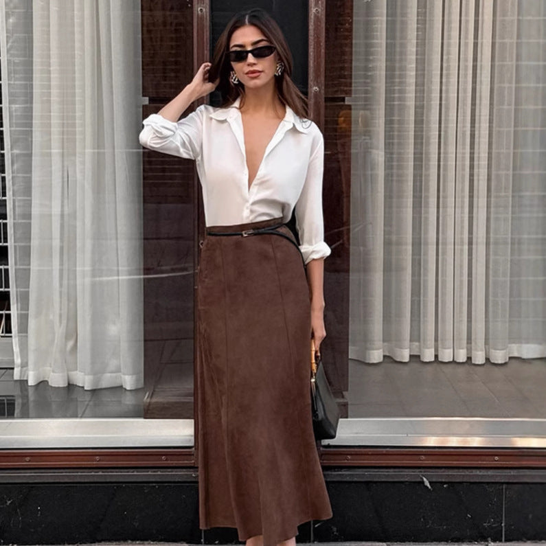 Brushed Velvet Brown Slim-fit High Waist Straight Skirt