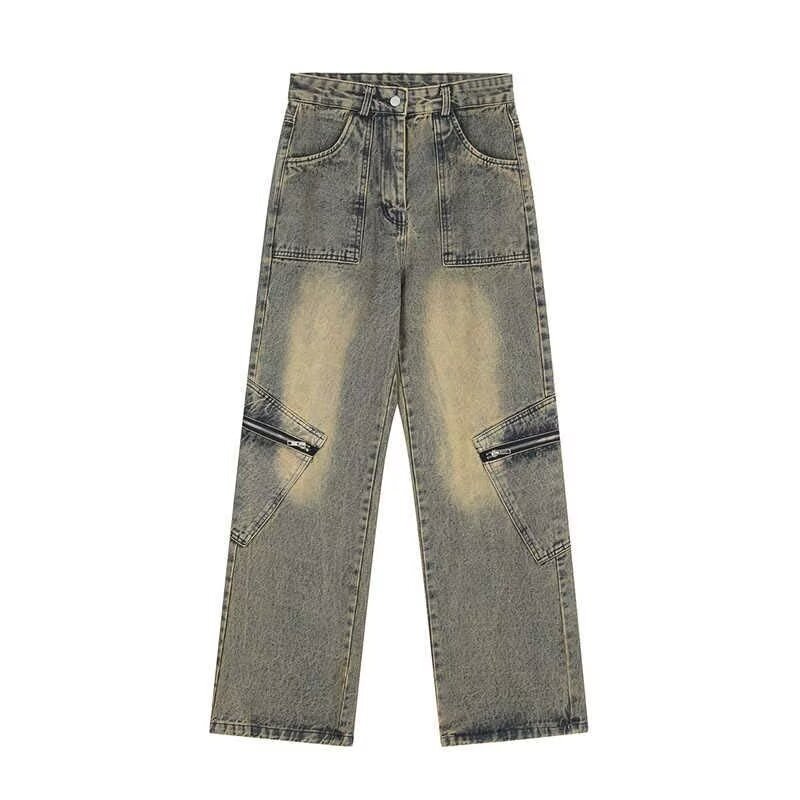 High Street Yellow Mud Dyed Denim Trousers Trendy Retro