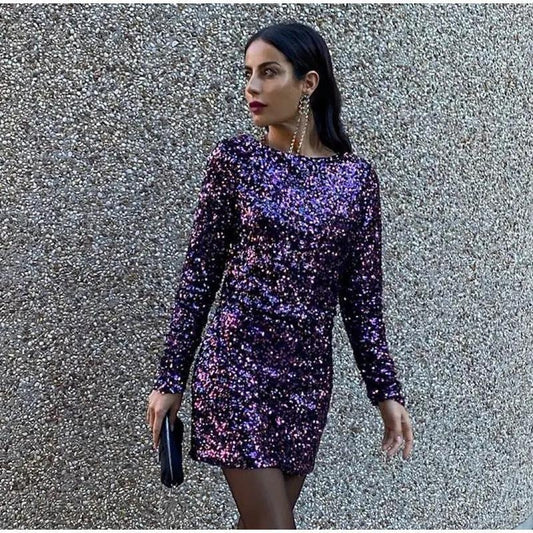 French Style Retro Crew Neck Long Sleeve Sequined Backless Dress