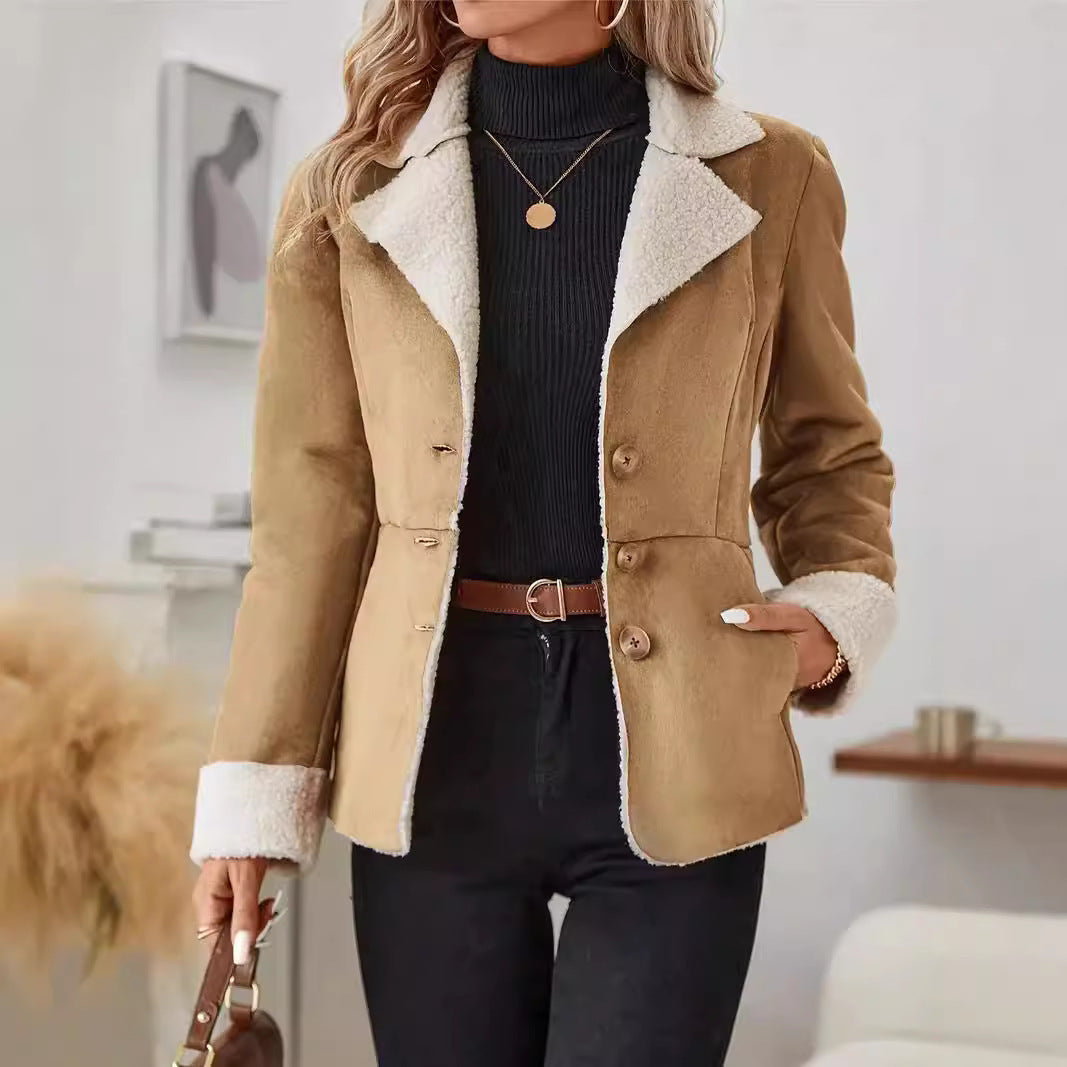 Casual Fashion Cold-proof Warm Fur Integrated Lapel Pocket Jacket