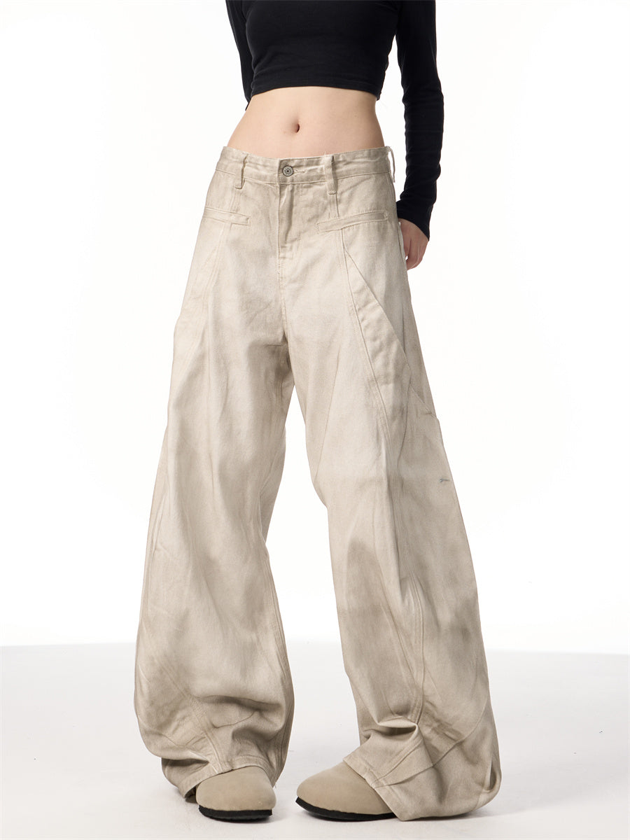 Retro Distressed Dirty White Wide Leg Pants Casual Trousers