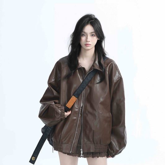 Brown Motorcycle PU Leather Coat Female Loose Jacket