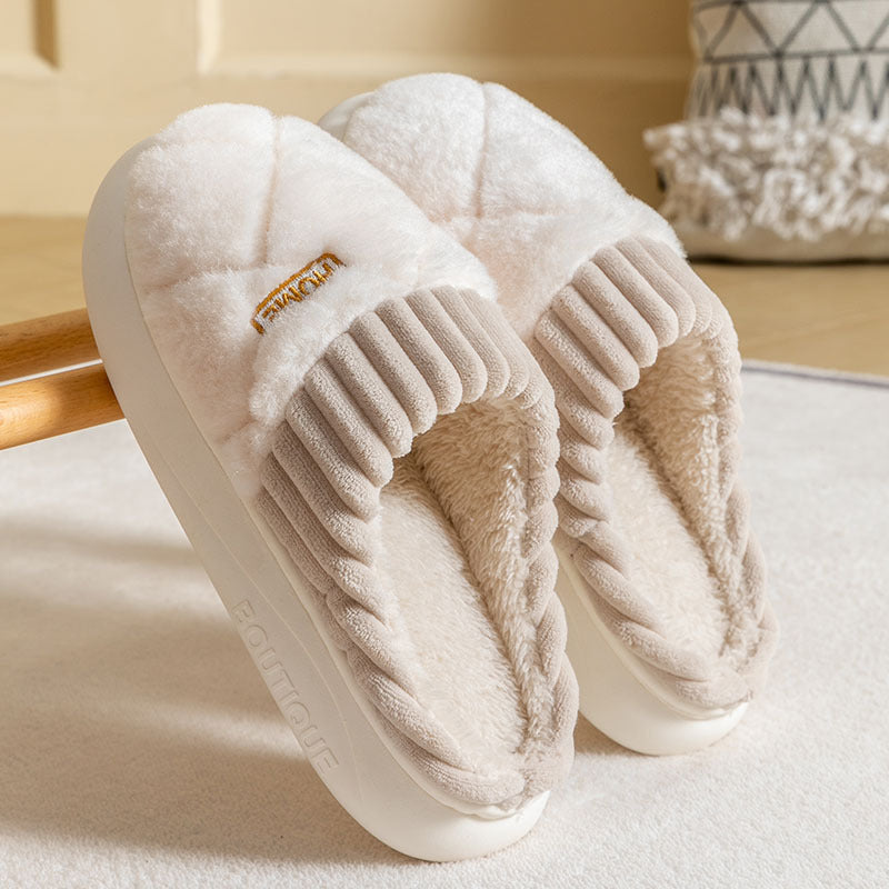 Men's Rhombic Sewing Plush Slippers Winter Warm Non-slip House Shoes For Women Bedroom Floor Home Slipper Couple