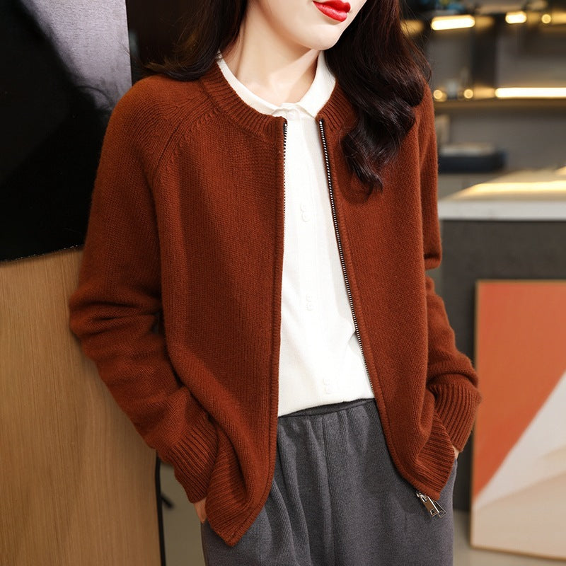 Autumn And Winter Pure Wool Cardigan Women's Round Neck Loose