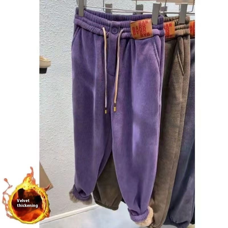 Fleece-lined Thick Track Pants Medium And Large Children Autumn And Winter Warm And Loose Leisure One Lambswool Outer Wear Trousers