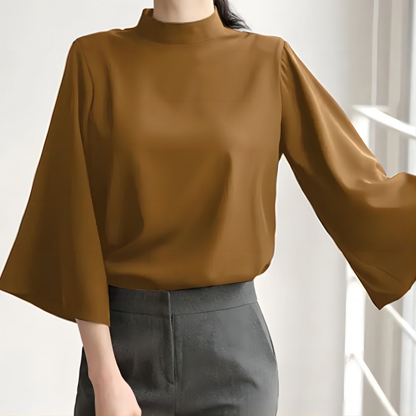 Spring And Summer Stand-up Collar Puff Sleeve Casual Shirt