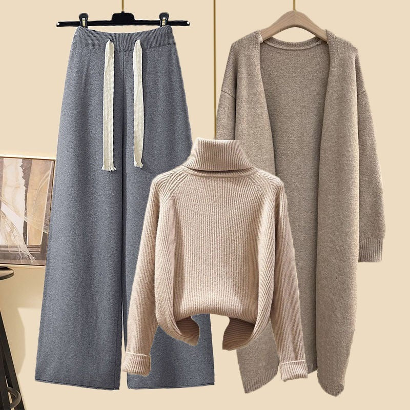 Idle Style Three-piece Set Thick Turtleneck Sweater Wide Leg Pants Wear Long Cardigan Jacket Slimming