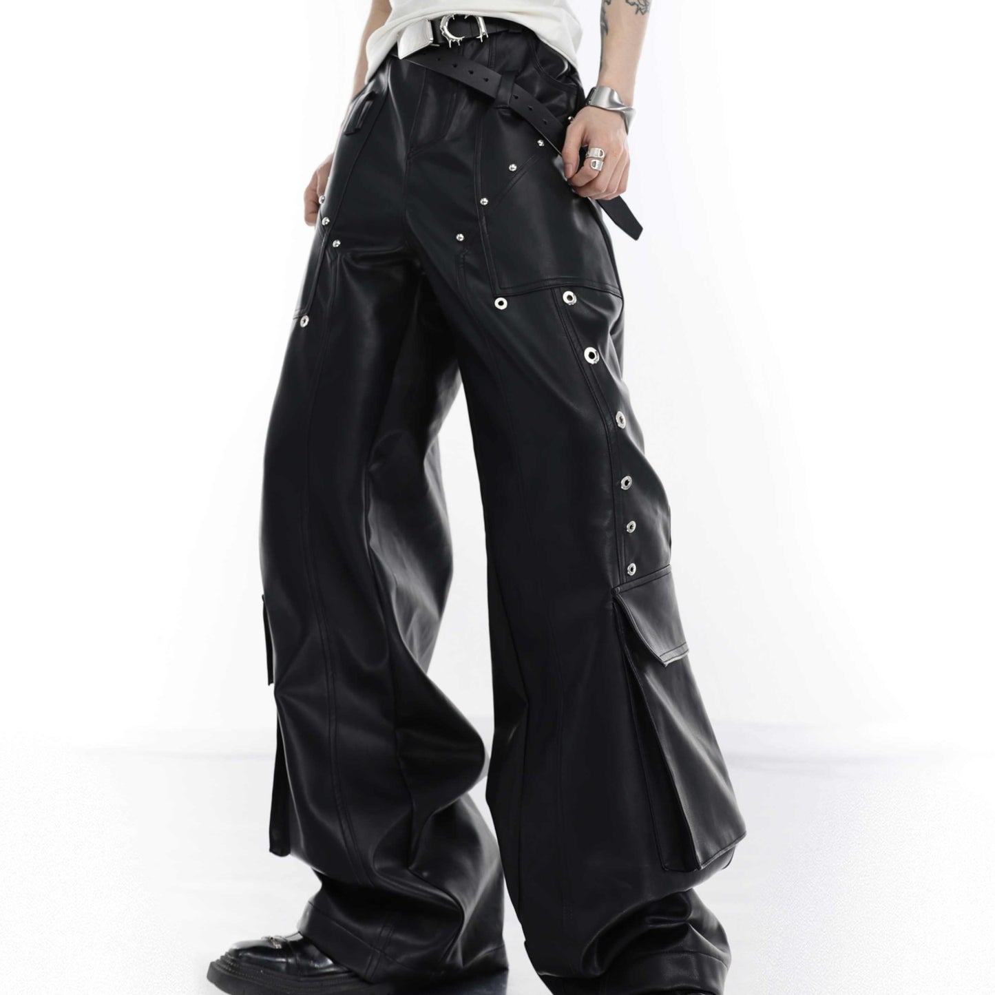 Multi-pocket Niche Metal Willow Ice Decoration Tooling Leather Pants