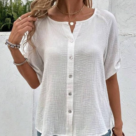 European And American Summer Women's Fashion Solid Color Short Sleeve Button White Shirt