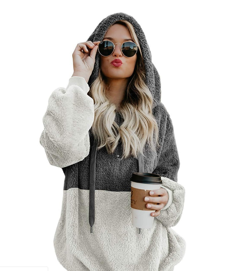 Women Casual Plush Hoodies Zipper Patchwork Hooded Drawstring Sweatshirt Autumn Winter Lady Hooded Warm Loose Tops