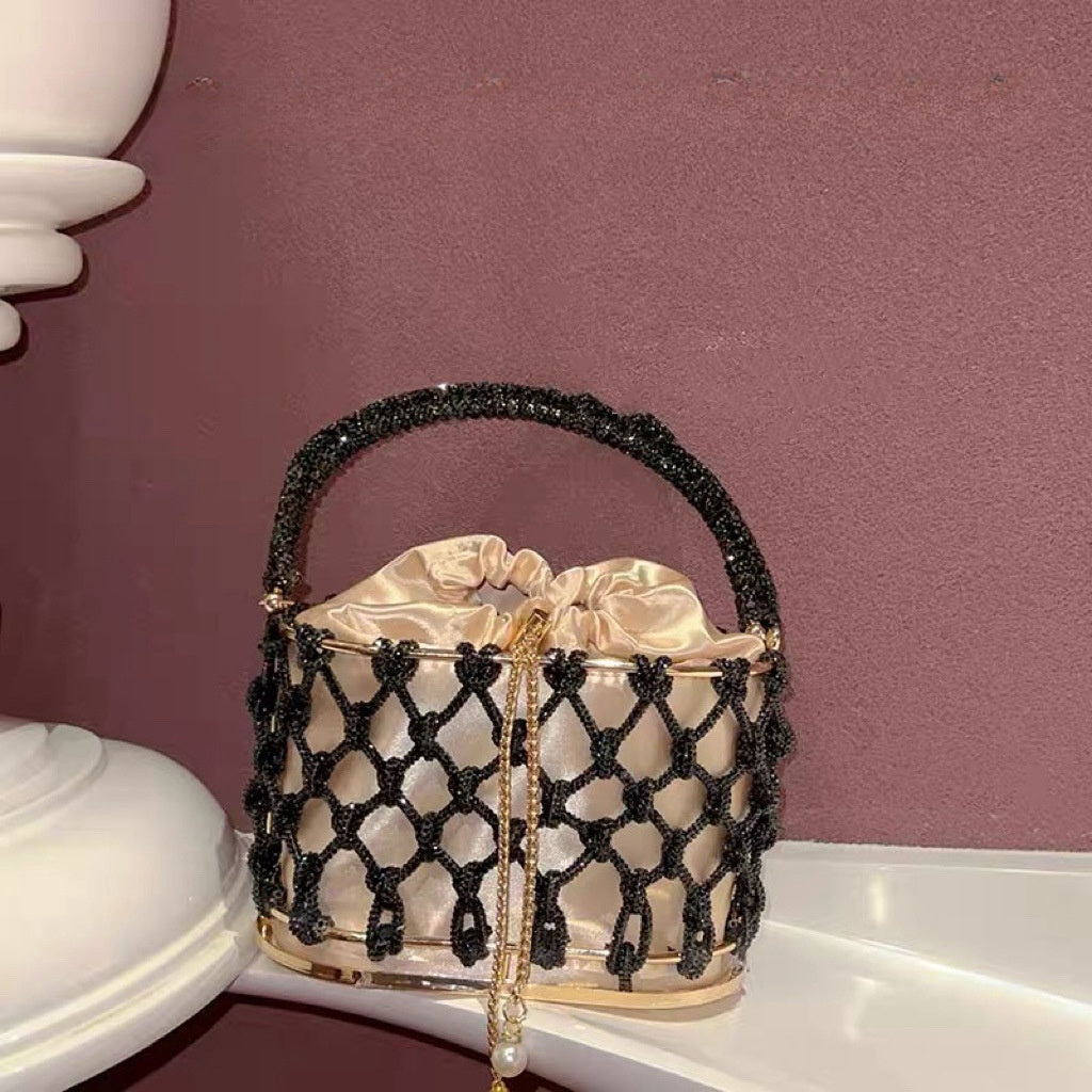 High-grade Heavy Hand-woven Shiny Rhinestone Strip Metal Birdcage Portable Basket