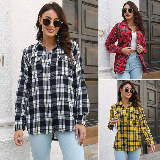 Plaid Shirt Brushed Long Sleeve Mid-length Loose Shirt