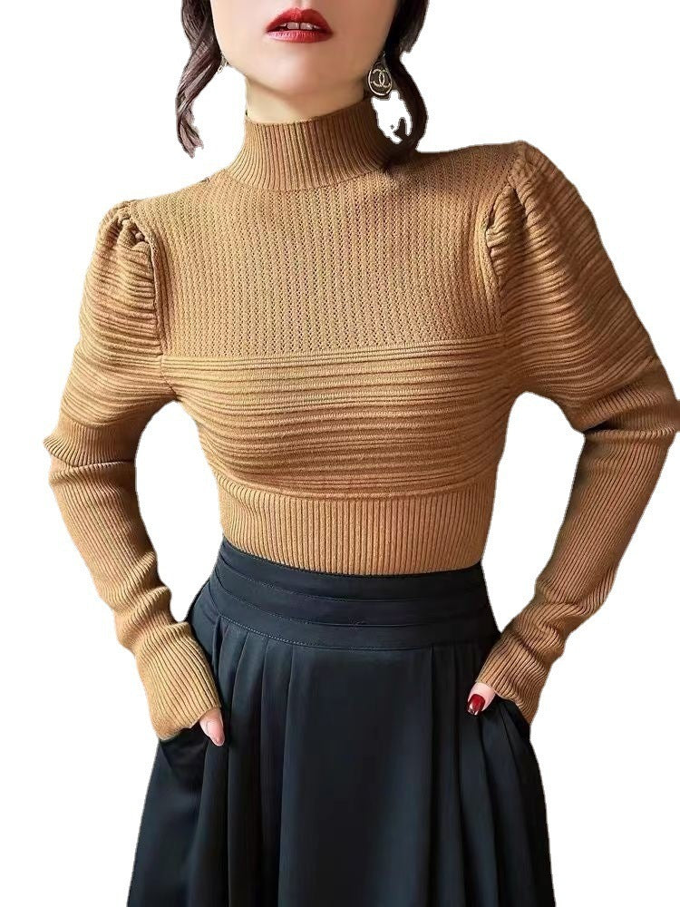 Half Turtleneck Sweater Slimming Puff Sleeve Sweater