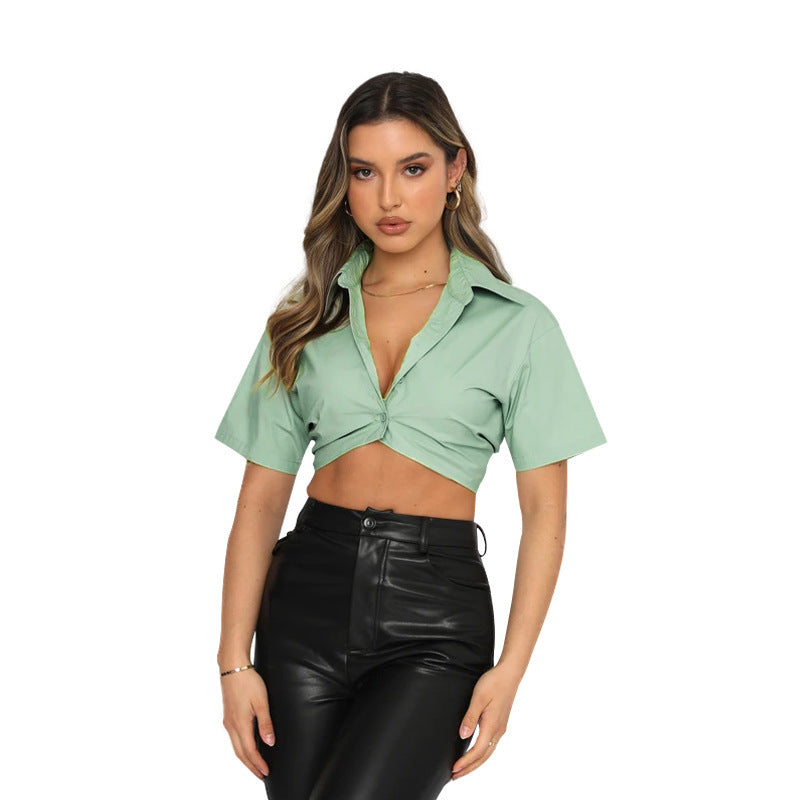 Summer Short-sleeved Polyester Cotton Solid Color Cute Single-breasted Lapel Shirt For Women