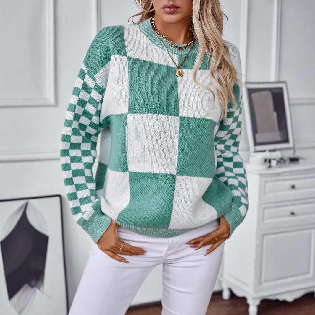 Autumn New Personality Slim Fit Color Matching Plaid Knitted Sweater