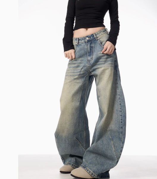 American Retro Washed Distressed Loose Wide-leg Jeans For Women