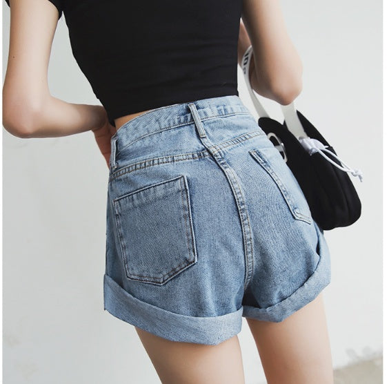 High waist denim shorts female elastic waist waist cuff wide leg pants shorts loose new retro Korean version