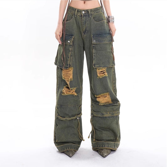 Retro Mopping Waste Jeans Washed And Worn Overalls