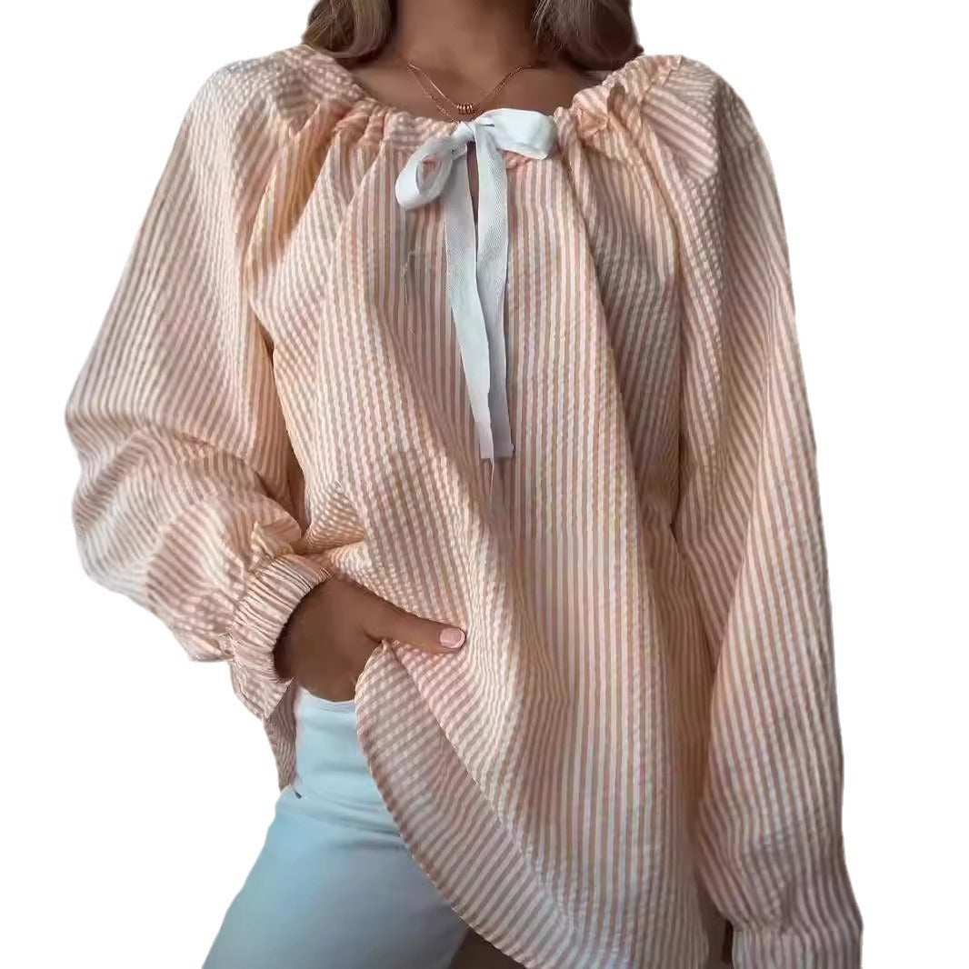 Women's Chiffon Shirt Striped Lace-up Top