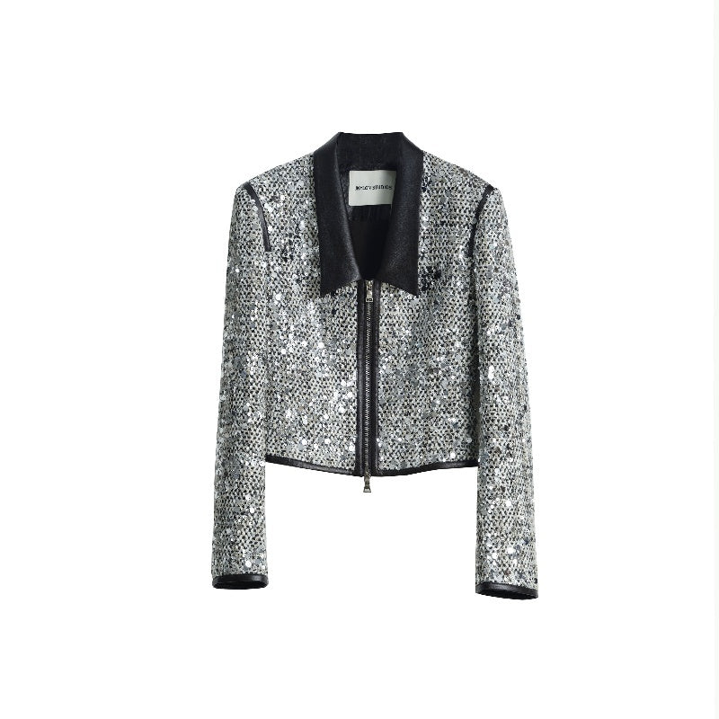 Retro Modern Urban Style Low Collar Sequined Fashionable Short Coat