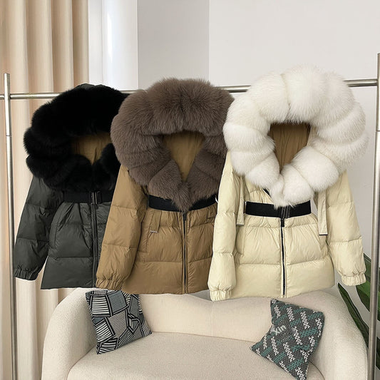 Oversized Real Fox Fur Collar Hooded White Duck Down Jacket