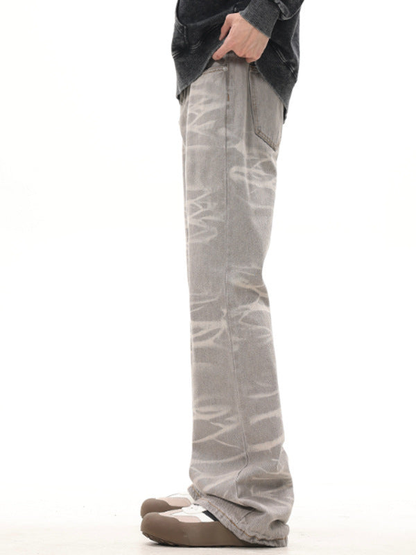 Retro Washed Striped Distressed Dirty Mud Gray Straight Jeans