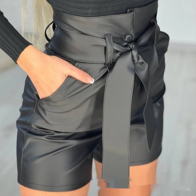 High Waist Black Strap Slim Fit Pu Shorts Belted