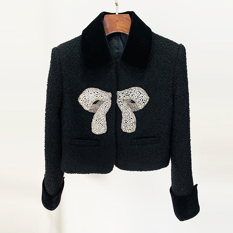 Autumn And Winter New Bow Beaded Jacket Coat