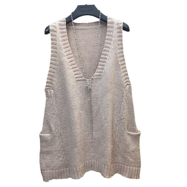 Plus Size Color Mid-length Sleeveless Sweater Coat