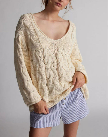 Loose V-neck Twist Knitted Pullover Sweater Women